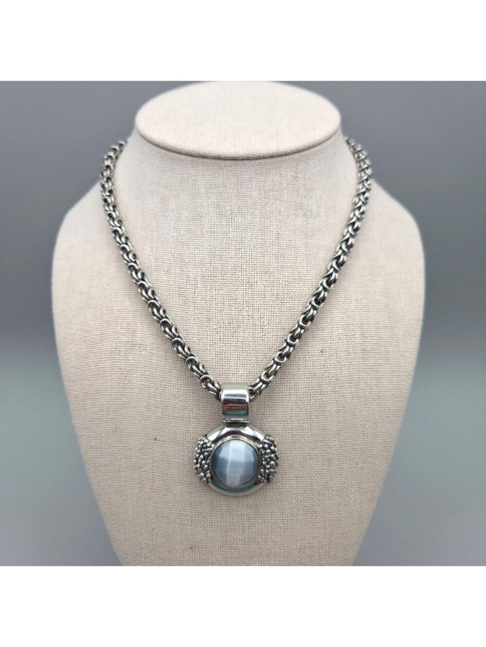 Byzantine Chain Necklace Blue Faceted Cats Eye Cabochon Pendant Magnetic Clasp
